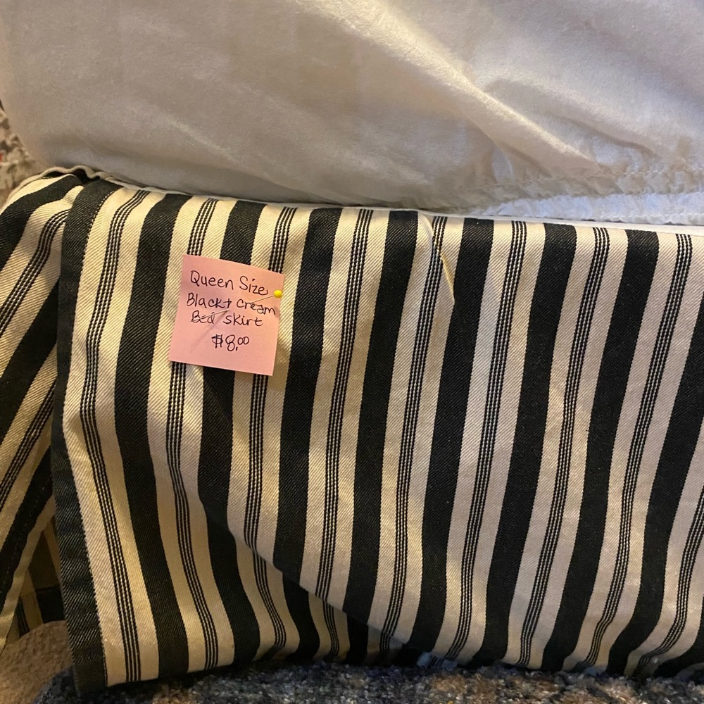 Beautiful queen size bed skirt/ dust ruffle black and cream stripes